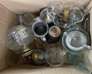 Box of Assorted Vintage Goods, Glass, Pewter