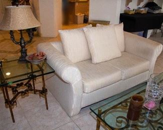 Loveseat, Gold + glass end table