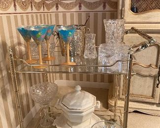 Tea cart with tons of fine china and crystal