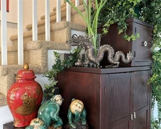 Ceramic monkeys, beautiful ceramic Asian style ginger jar & unusual metal dragon.