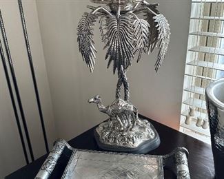 Large vintage Tazza silver-plate exotic camel palm tree compote server.