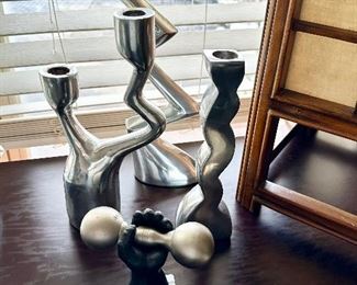 Set of 3 Matthew Hilton aluminum candlesticks and a brand new set of Michael Aram hand with dumbbell salt and pepper shaker.