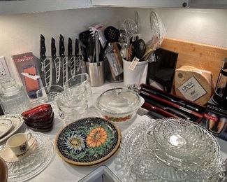 Cutting boards, knives & serving pieces.