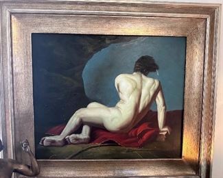 Framed acrylic painting, male nude study.