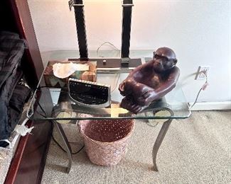 Ralph Lauren black leather lamp & glass top table.