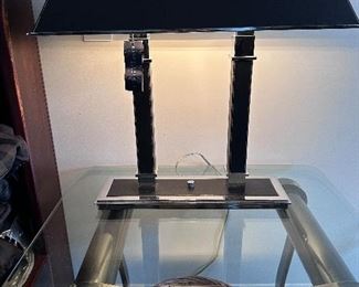 Ralph Lauren black leather luggage lamp.