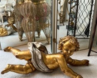 Beautiful Hand Carved Wood and Gilt Cherub, Early 20th Century $195