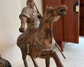 One of Two Hand Carved Wood Warriors on Horse Back, Chinese 20th Century 48” High $2,500 / Pr
