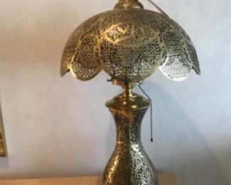 One of Two Islamic or Moorish Perforated Brass Lamps 28” High $250