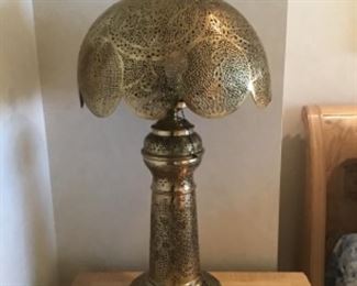 One of Two Islamic or Moorish Perforated Brass Lamps 36” High $850