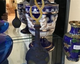 Cobalt Blue and Raised Putti Figures Porcelain Urn, Chinese Cloisonne Vase 