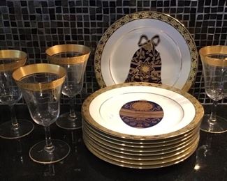 Set of Nine Gold Rim Goblets Circa 1930’s and Set of Dessert Plates Faberge Style by Muirfield $95 / SET OF NINE