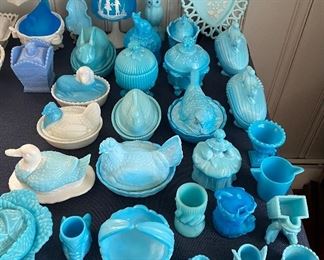 Assorted Blue and White Figural Glass Covered Nests and Dishes
