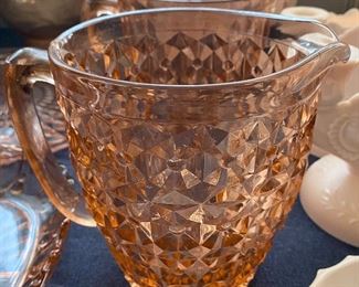 2 Pink Depression Jeannette Buttons and Bows Glass Pitcher 