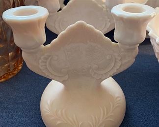 Pair of Pink Milk Glass Candle Holders