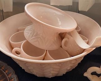 Jeannette Basket Weave Pink Milk Glass Punch Bowl Set