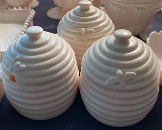 Jeannette Shell Pink Milk Glass Honey Jars