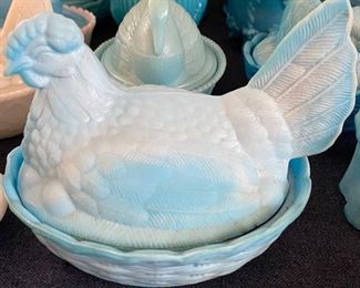 Large Heisey Glass Blue and White Hen on Nest 
