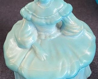 Mosser Blue and White Glass Figural Lady Covered Dish