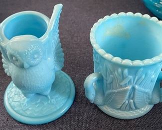 Blue and White Glass Figural Owl and Swan Toothpick Holders