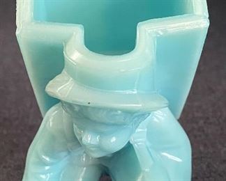 Portieux Vallerystall Blue and White Glass Kneeling Boy and Basket Toothpick Holder