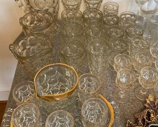 Assorted Jeannette Thumbprint Pattern Pitchers, Goblets, Glasses and more 