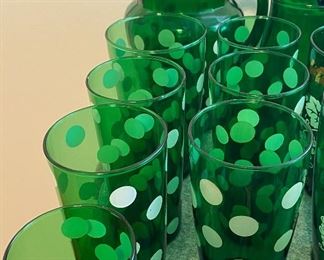 Anchor Hocking Green and White Polka Dot Pitcher and Glass Set