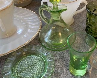 Depression Glass Green Cruet, Ashtray and Shot Glass