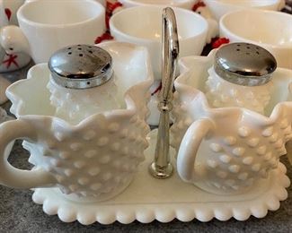 Hobnail Milk Glass Creamer, Sugar Salt and Pepper 