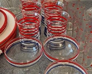 Anchor Hocking Red, White and Blue Banded Pitcher and Glass Set