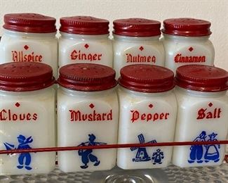 Vintage Dutch Boy and Girl Themed Milk Glass Spice Set
