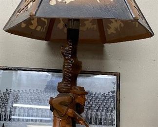Carved German Figural Hunter Wooden Table Lamp