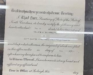 Framed North Carolina Pearl Harbor Association Document