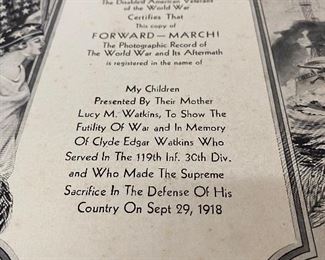 Forward March WW1 Photographic Record Presented to Lucy Watkins Mother of Clyde Watkins Deceased 119th Inf. 30th Division