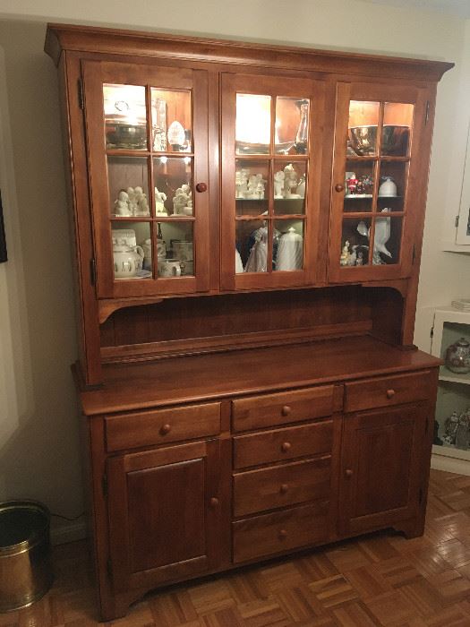 Cherry hutch with lighted display cabinet, 79” tall x 68” wide x 19” deep