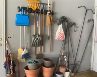Long handled tools, Shepard hooks, plastic pots