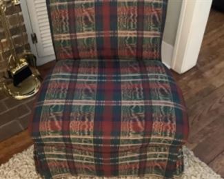Two armless chairs ina navy, burgundy and green plaid.  Measures 28 w x 30” d x 31” h.  Presale $50 each or pair for $90.