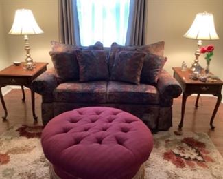 Love seat is a smith craft…measures 64 w x 38 d -31 h.  Presale $95 burgundy ottoman is 33” round.  Presale $35.  Pair of end tables by Herman measure 18 w x 25 d x 23 h.  Presale 35 each or pair for $60