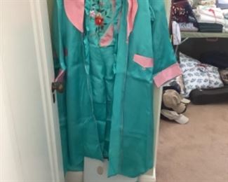 1955 kimono/pajama set in satin.  Robe, gown, slippers.  Brought home from the Korean War.  Has original box and never worn.