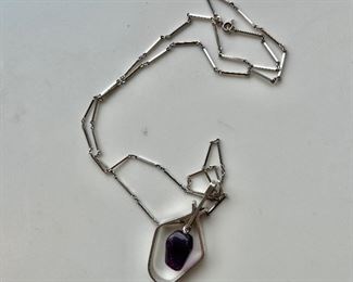 Silver modernist amethyst  pendant on chain 