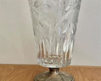 Large crystal carved vase with sterling silver base