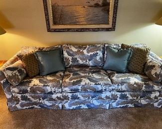 Absolute gorgeous cotton chintz couch in blues, taupe and gray on white background. 8 ft. Super comfy. Sits well. 