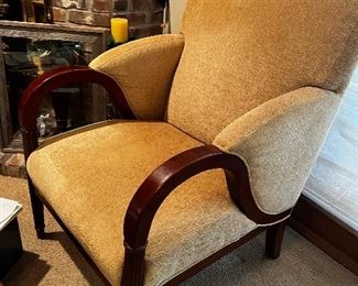 Artistic unique occasional chair in buttery gold fabric