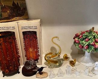 Vintage lanterns, Murano swans, Majolica porcelain 