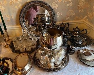 Silverplated MCM style punch bowl, platters, tea service, chafing warmer