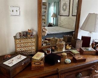 Gorgeous solid wood MCM dresser with mirror. Spanish influenced drawer pulls. 