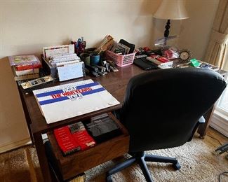 Solid wood rustic desk and office stuff 
Office chair
Lamp