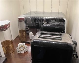 Vintage Bread Box in back, toaster in front.