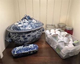 Antique bowl with lid in the back.