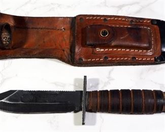 Fixed Blade Knife With Serrated Back Edge, 5" Blade, In Leather Sheath With Sharpening Stone
